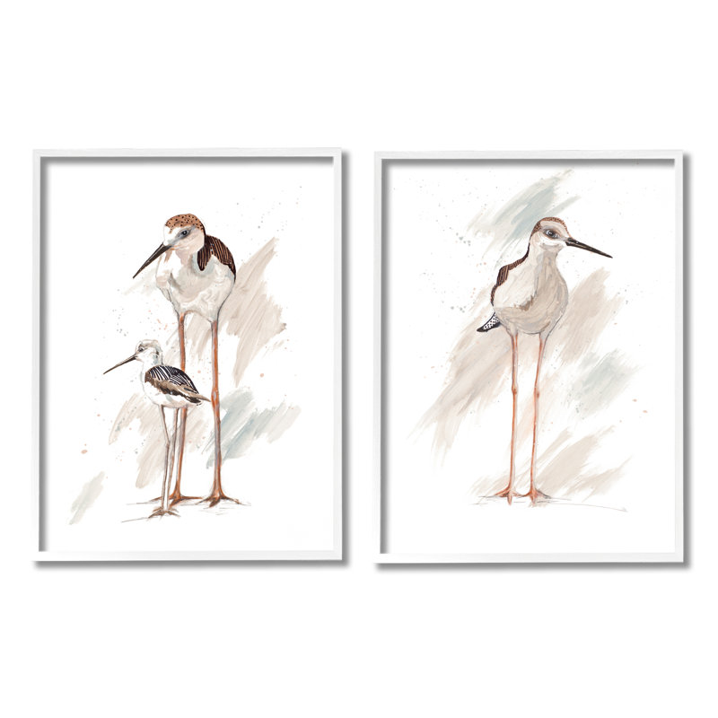 Bécasseau, famille d'oiseaux, plage ensoleillée, Patricia Pinto, H 11 po x l 14 po, Cadre blanc