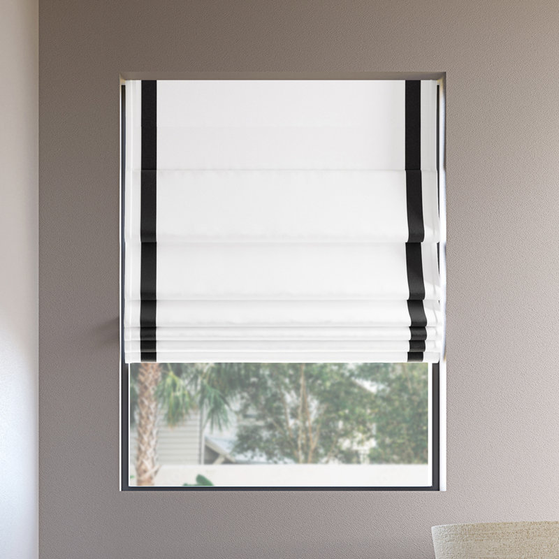 Sun Zero Olander Ribbon Border 100% Blackout Cordless Single Roman Shade, 31"W x 64"L, Black/White