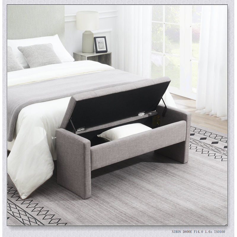 Banc de bout moderne avec rangement, grand tabouret de repose-pieds rembourré, banc de meuble-lavabo de fenêtre confortable pour salon, chambre à coucher, dortoir, table basse, lin foncé