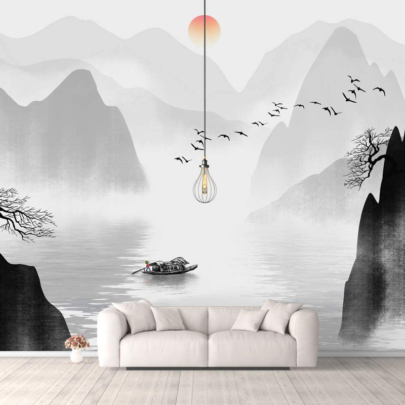 Idées murales murales pour chambre à coucher, lever de soleil minimaliste, paysage, grand papier peint amovible, autocollants muraux