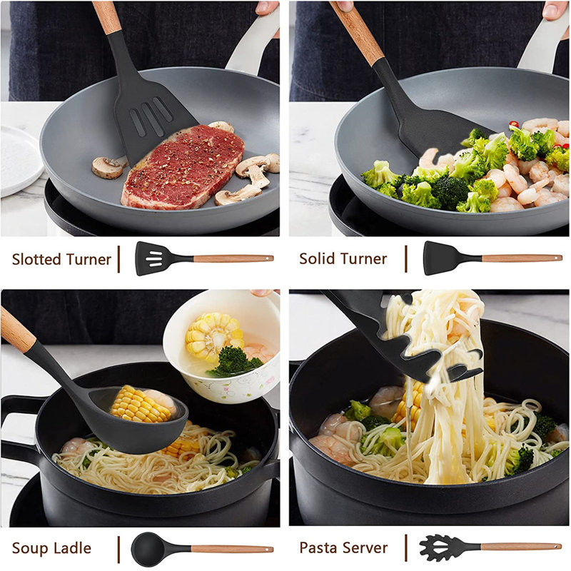 Ensemble de 20 ustensiles de cuisine en silicone, ensemble d'ustensiles de cuisine antiadhésifs, poignée en bois, résistant à la chaleur, noir