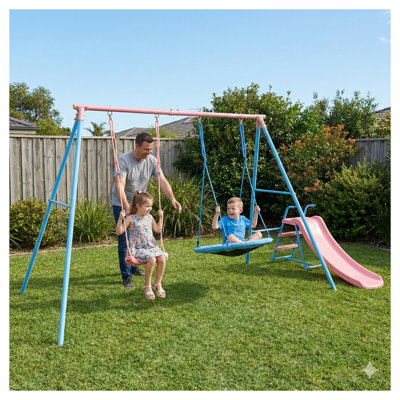 Portique d'extérieur pour enfants avec 2 balançoires et glissade XNS107 - Équipement de jeu pour enfants dans la cour bleue et rose