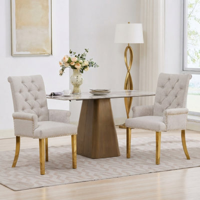 Upholstered Chenille Fabric Accent Dining Chair, Curved Solid Wood Legs or Steel Legs, Elegant Tufted Arm Chair for Living Room & Dining Room, Single‑Pack or Set of 2, Beige/Black/Olive Green/Blue/Gray