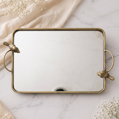 Plateau décoratif miroir 41,4 x 24,9 x 9,4 cm, cadre en métal orné d'élégants motifs d'oiseaux, plateau de coiffeuse pour salle de bain et table basse