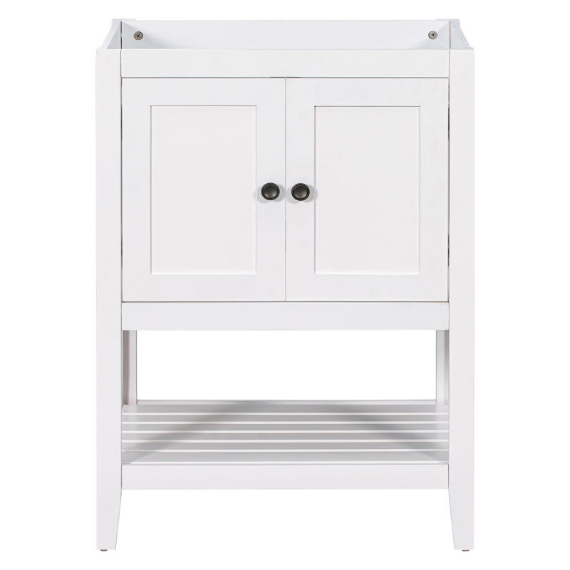Base de meuble-lavabo 24 po seulement, structure en bois massif, armoire de rangement avec portes et tablette ouverte, Blanc