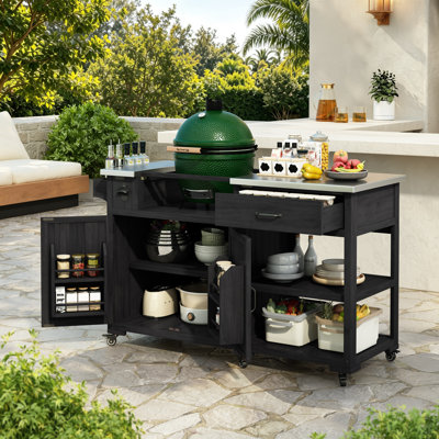 Chariot de cuisine en bois de sapin massif 55,4 po, chariot de barbecue supérieur en acier inoxydable, îlot de cuisine extérieur avec étagère à épices, tiroir, tablettes réglables et 4 portes pour terrasse de patio - Noir