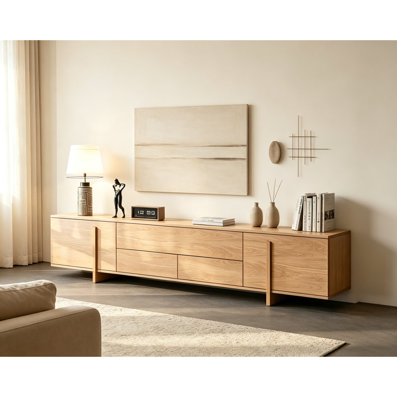 Meuble télé en chêne naturel, 19.6" H x 90.5" W x 15.7" D, Natural Wood