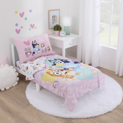 Bluey Best Day Ever 4 Piece Toddler Bed Set – Comforter, Fitted Bottom Sheet, Flat Top Sheet, Reversible Pillowcase, Pink & Aqua