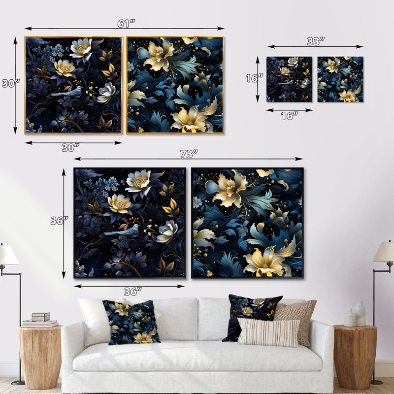 Bron - ensemble de 2 collages floraux carrés, Cadre flottant blanc, H 36 po x l 73 po