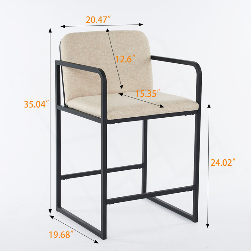 Set Of 2 Modern Upholstered Counter Height Bar Stools With Armrests, Metal Frame, Padded Seat For Comfortable Dining