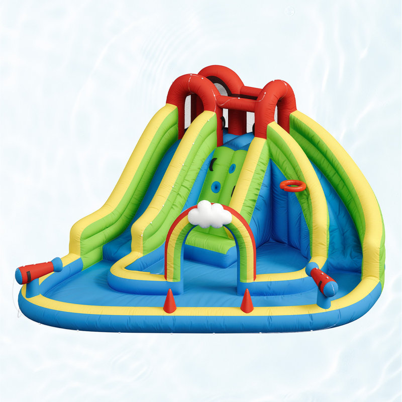 Parc aquatique gonflable 13 x 15 pi avec glissoires doubles, canons à eau et panier de basketball pour enfants