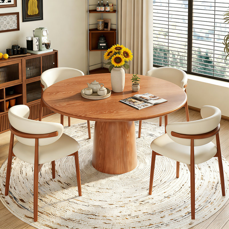Amberly 5/7 Pieces Mid-Century Round Solid Wood Dining Table Set with Cushioned Chair, 29.5" H x 47.2" L x 47.2" W