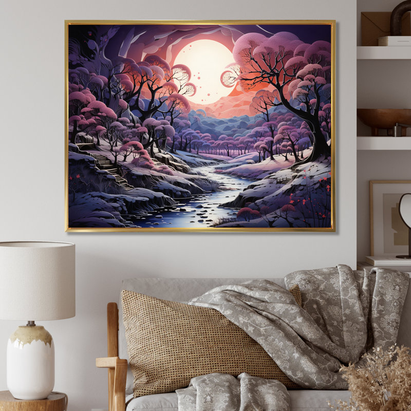 Impression sur toile «Purple Forest Winters Papercut», 30" H x 40" W, Cadre flottant doré
