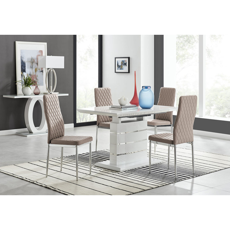Eubanks 120Cm High Gloss Extending Dining Table And 4 Mustard Chairs, Cappuccino/Silver