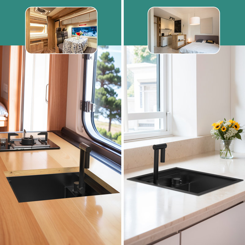 9 L Kitchen Sink RV Sink With A Foldable Tap Inside, Matte Black