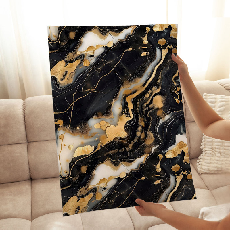 Abstrait noir et doré Geode V, reproduction d'art moderne sans cadre, H 36 po x l 24 po