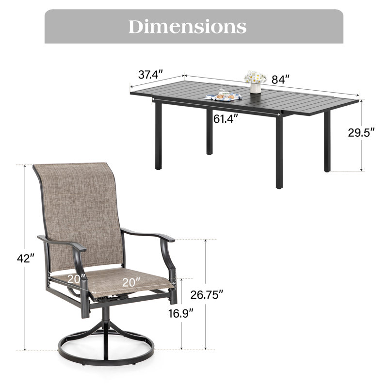 Rectangle Outdoor Patio Dining Set Expandable Heavy Duty Metal Table With Sling Chairs, 8