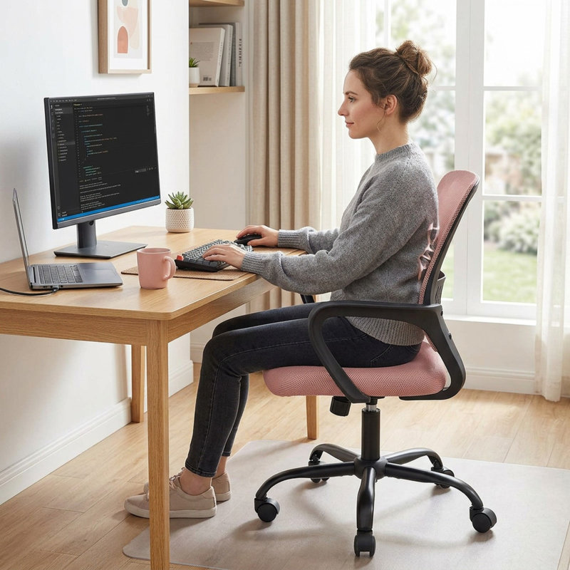 Ergonomic Mesh Task Chair with Fixed Arms, Pink, Black