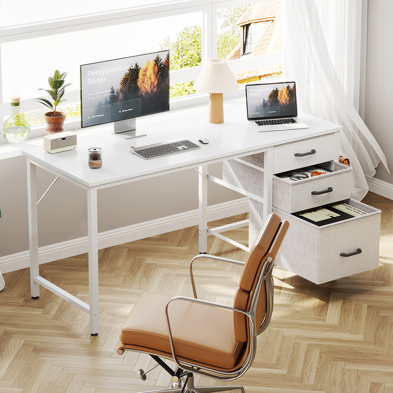 Bureau réversible 48 po à 3 tiroirs avec crochets, bacs de rangement en tissu pour bureau personnel, blanc, Blanc