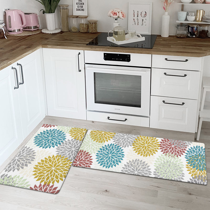 Anti-Fatigue Non-SKid Kitchen Mat (Set of 2), Red/White/Teal/Yellow