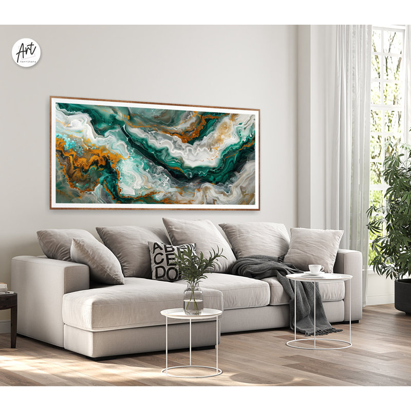 Abstract Geode Wall Art Print or Canvas, Emerald And Gold Marble Shape Decor, No Frame, 30 H x 60 W