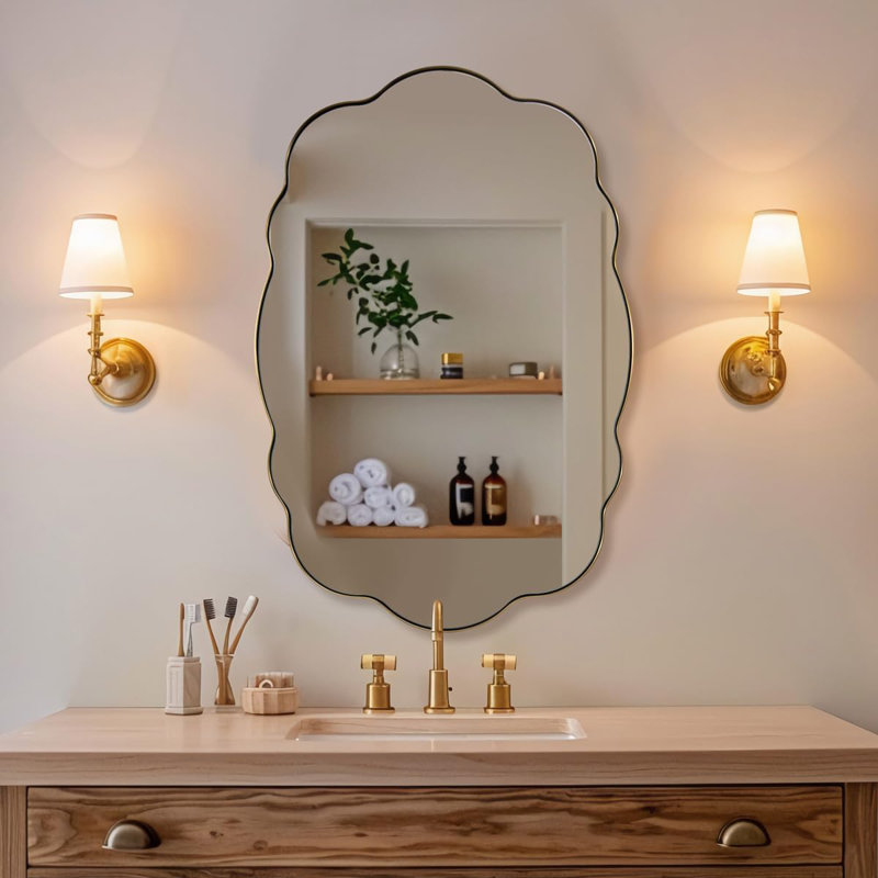 Contemporary Wavy Oval Scalloped Bathroom Vanity Mirror | Stainless Steel Frame, Brushed Gold, 36" x 24"