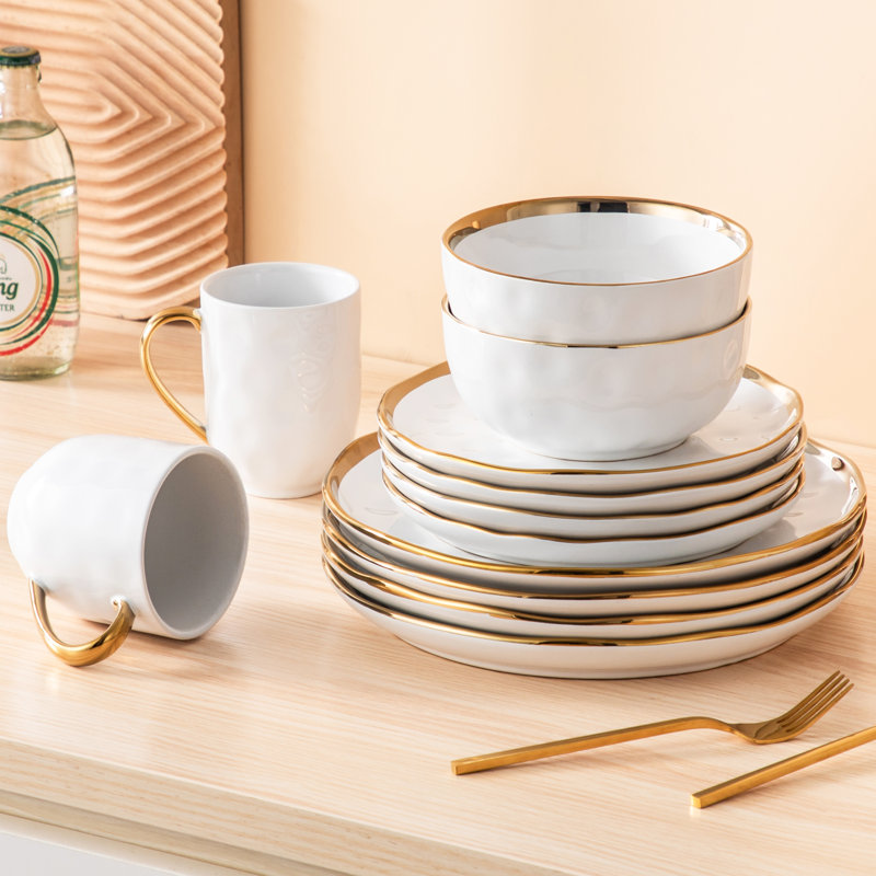 Colour Handmade Ceramic Dinnerware Set 16 Piece - Service for 4, White/Gold