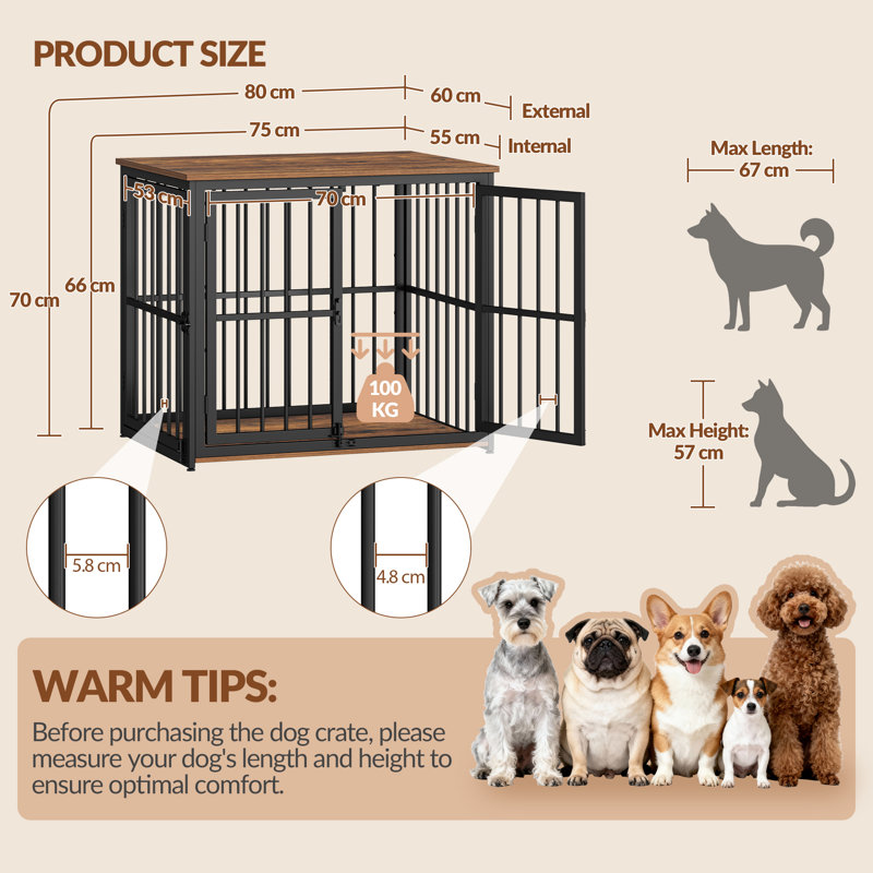 Dog Crate Furniture, 3-Door Wooden Dog Crate with Adjustable Side Door, End Side Table for Small/Medium/Large dogs, Indoor Dogs Kennel 