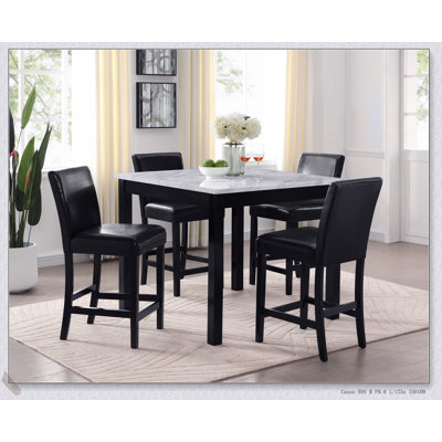 Ensemble de salle à manger à hauteur de comptoir 5 pièces avec table carrée en faux marbre et chaises en similicuir, parfait pour les salles à manger modernes et élégantes