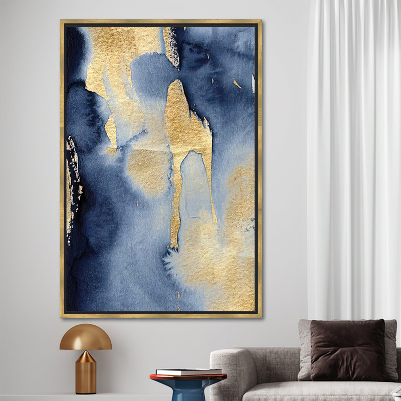 Modern Abstract Canvas Art in Blue and Gold - Trendy Shimmery Contemporary Artwork, Framed Print without Mat, 81" H x 45" W