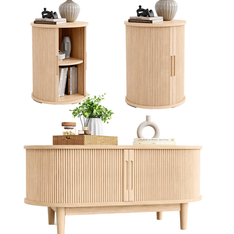 Mosser 3-Piece Living Room Table Set With 40" Coffee Table And 2 Fluted End Tables, Oak Wood