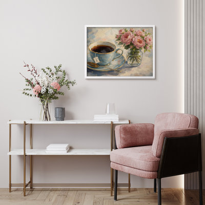 «Tea and Roses», reproduction d'art encadrée - tasse à thé avec fleurs roses pour la salle à manger