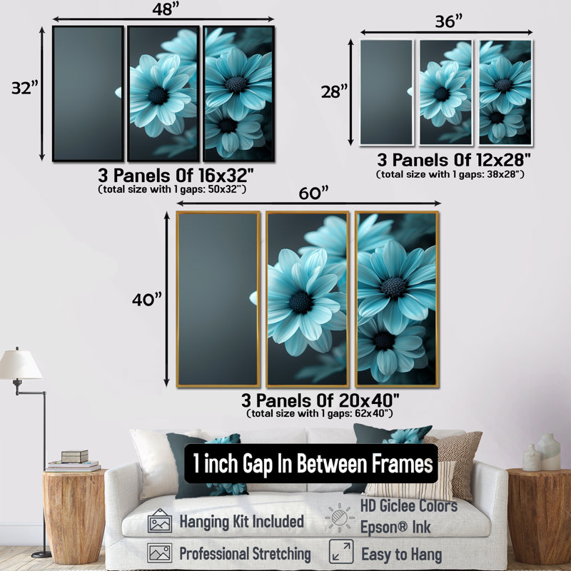 «Blue Mon monochrome Mums Garden Scenery II - Mums», ensemble d'art mural, H 40 po x l 60 po x P 1 po
