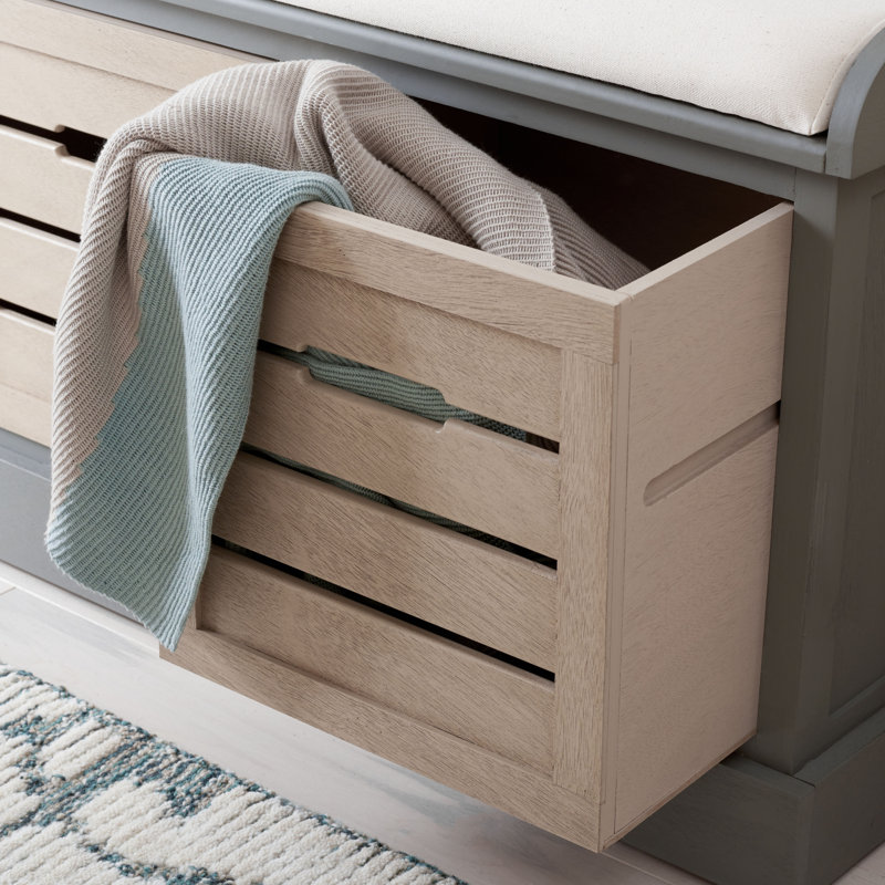 South Ferry Linen Upholstered Storage Bench, Distressed Grey Frame / Sand Drawers