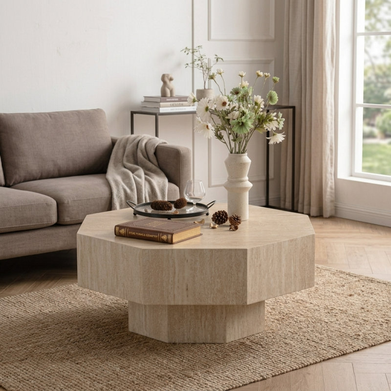 30.5'' Modern Octagon Drum Beige Travertine texture Wooden Coffee Table For Living Room&bedroom