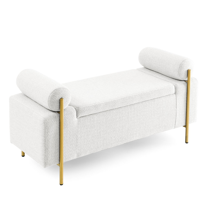 Elegant Upholstered Linen Bench For Bedroom, Hallway, Living Room - White, With Iron Legs And Stylish Upholstery White Storage Comfortable Cylindrical Arms &