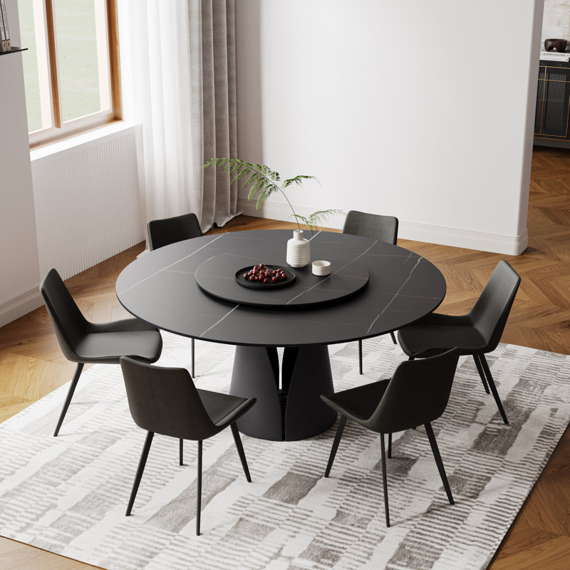 Vera Modern Round Dining Table with Lazy Susan for 4-6, Sintered Stone Tabletop, Solid Pedestal Carbon Steel Base Pre-Assembly