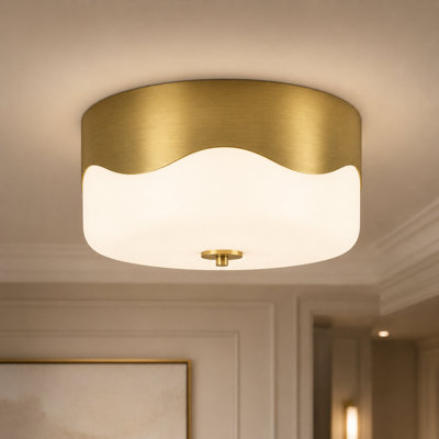 13''-2 Lights Polished Brass Modern Milk Glass Drum Dimmable Swivel Lamp Head Flush Mount Lighting For Bedroom/Hallway