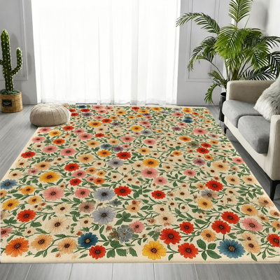 Tapis floral rétro vintage à motif de marguerites crème, motif botanique élégant, tapis antidérapant doux et durable lavable à la machine, décoration intérieure élégante pour le salon, la chambre à coucher, l'entrée, la porte d'entrée, la cuisine, le balcon et l'appartement