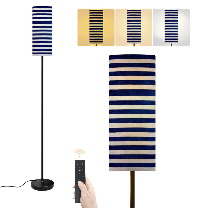 Lampe sur pied à rayures bleu marine, style nautique, blanc, horizontal, géométrique, moderne, à intensité variable, avec télécommande et interrupteur au pied, abat-jour, lampe d'angle sur pied pour salon, chambre ou bureau.