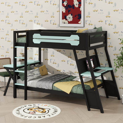 Twin-Size Gaming Bunk Bed With 2 Built-In Desks, USB Ports On Desktop, And Pegboard Storage