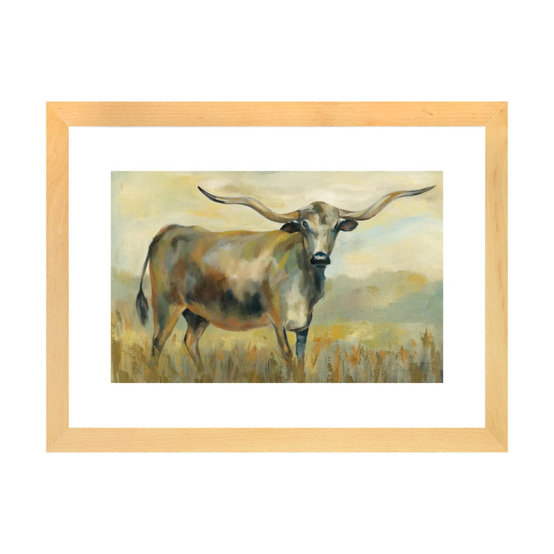 «Longhorn Cow» par Silvia Vassileva - reproduction d'art, H 16 po x l 24 po x P 1 po, Toile avec cadre en bois beige, Blanc