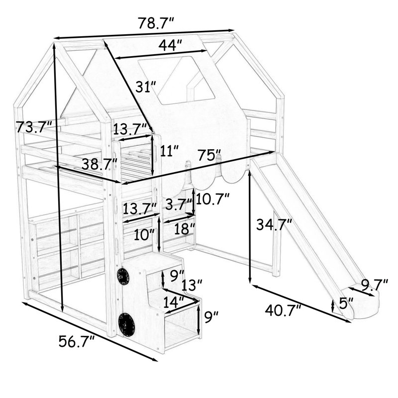 Wooden House-Shaped Loft Bed With Slide And Shelves, Full, White/Pink