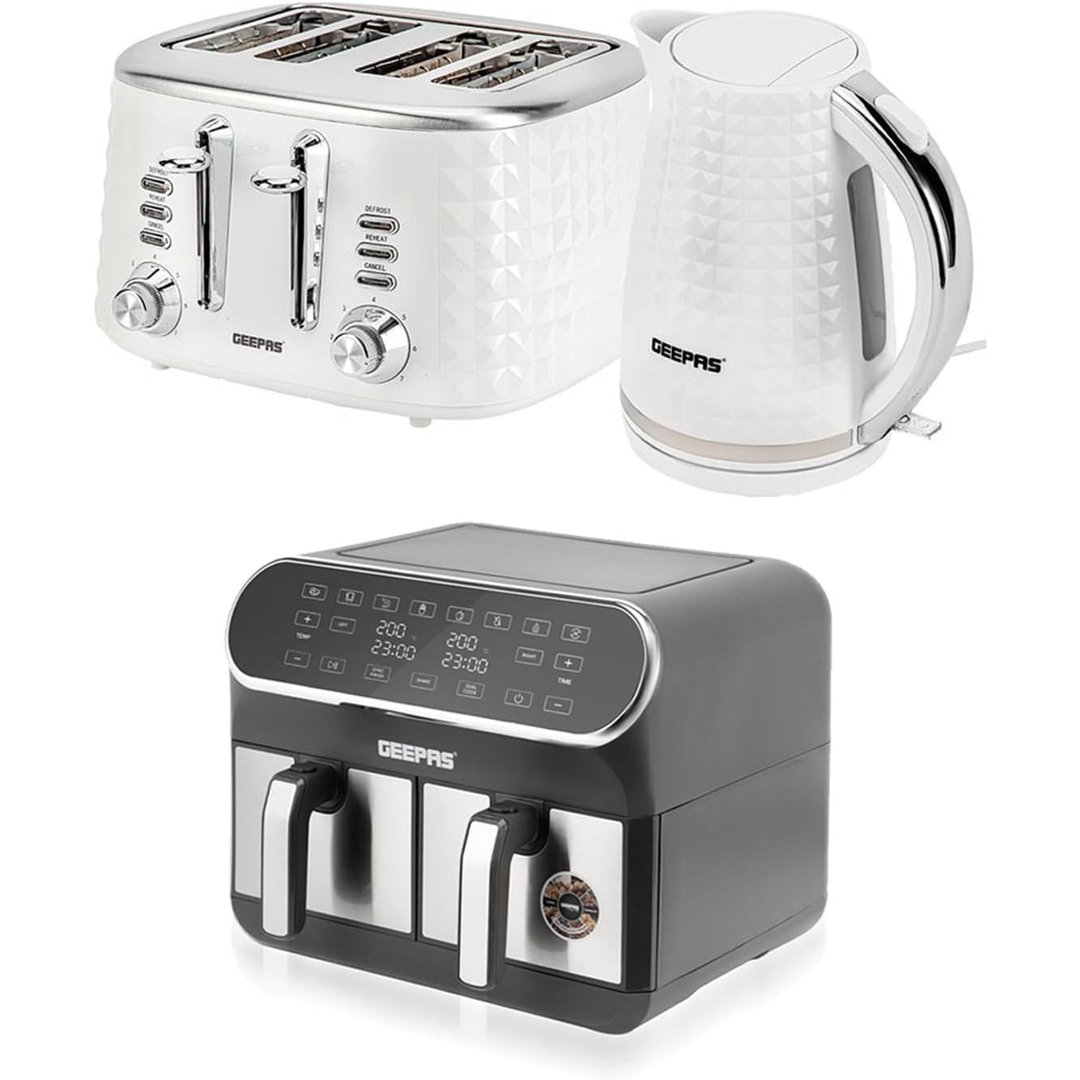 GEEPAS 8L Dual Basket Air Fryer, 1.7L Kettle & 4 Slice Toaster Appliances Set, 2200W Kettle Textured with Design, Wide Slot Toaster Variable Browning