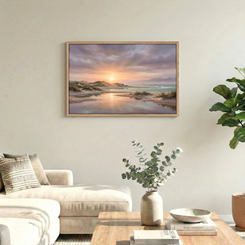 Ensemble de 1 tableau sur toile représentant un coucher de soleil sur la plage, H 32 po x l 48 po, Naturel
