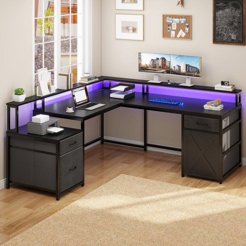Wrought Studio™ 63'' L-Shaped Desk With Power Outlets & LED Lights, Black