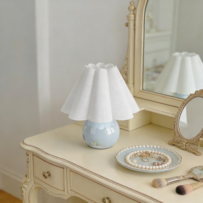Touch Control Table Lamp With Scalloped Shade, Compact Nightstand Lamp For Bedroom, Living Room, Kitchen, Office, And Small Spaces, Light Blue