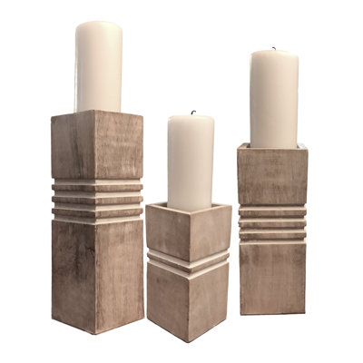 S/3 Cubic Pillar Candleholders - Bleached Wood