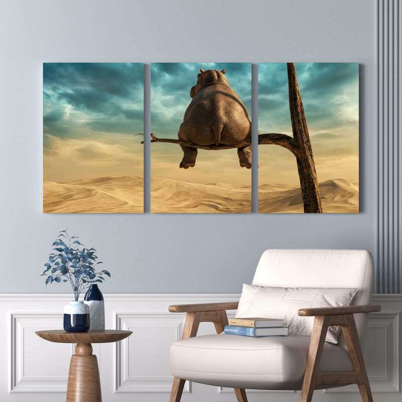 Ensemble de 3 tableaux sur toile tendue représentant un hippopotame sur une branche d'arbre dans un ciel désertique, 2436
