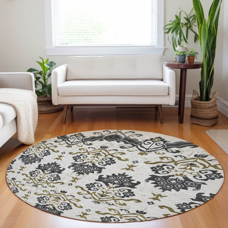 Premium Machine Washable Prisco Black Rug, Round 8'